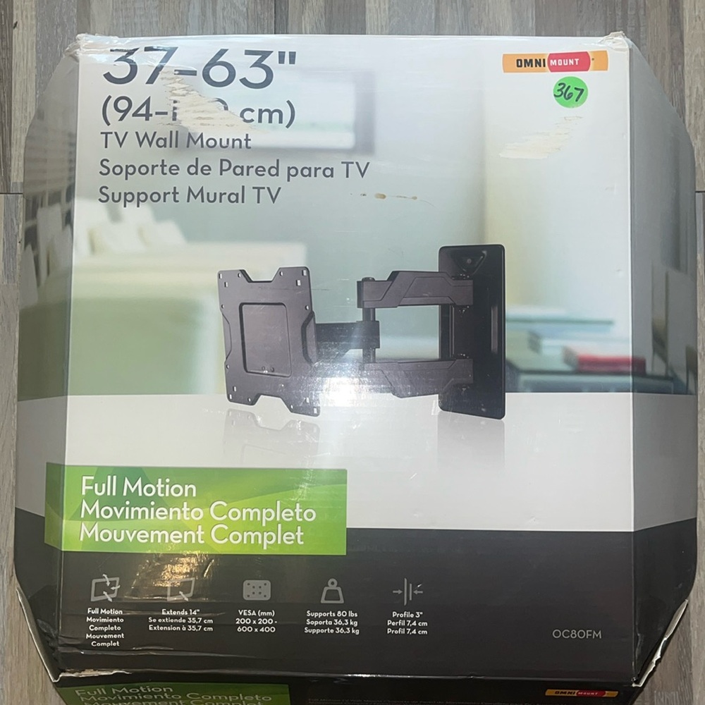 Omnimount OM80FM TV Mount. Never used. Missing one lag bolt.